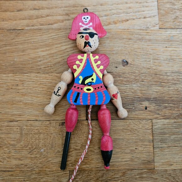 Vintage 70s 80s Handmade Wooden Pirate Pull Toy Ornament Made in Austria 7" - Picture 1 of 4
